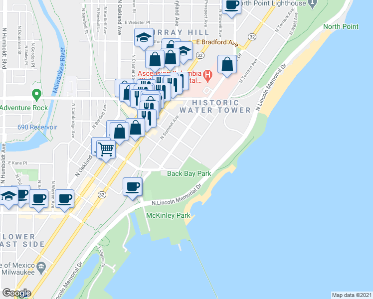 map of restaurants, bars, coffee shops, grocery stores, and more near 2137 North Terrace Avenue in Milwaukee