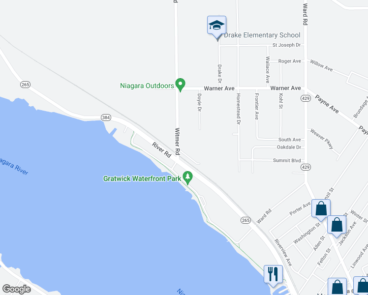 map of restaurants, bars, coffee shops, grocery stores, and more near 101 Witmer Road in North Tonawanda