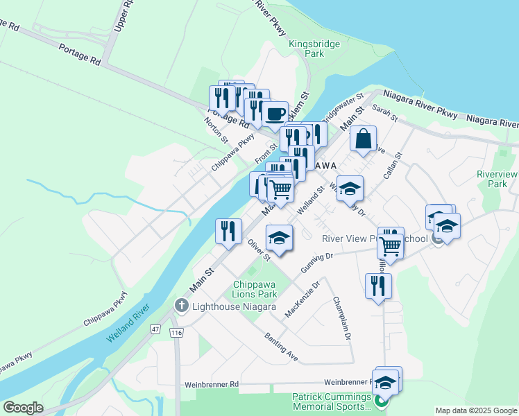 map of restaurants, bars, coffee shops, grocery stores, and more near 3893 Main Street in Niagara Falls