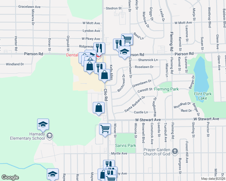 map of restaurants, bars, coffee shops, grocery stores, and more near 4730 Canterbury Lane in Flint