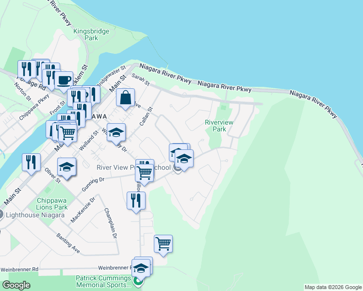 map of restaurants, bars, coffee shops, grocery stores, and more near 8383 Mundare Crescent in Niagara Falls