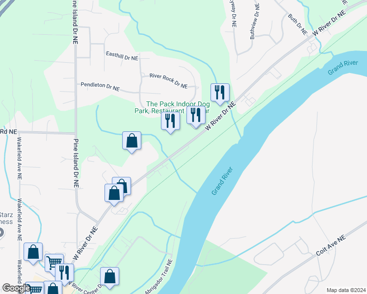 map of restaurants, bars, coffee shops, grocery stores, and more near 5151 West River Road Northeast in Comstock Park