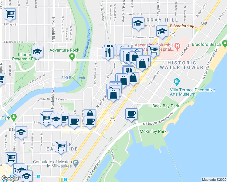 map of restaurants, bars, coffee shops, grocery stores, and more near 1713 East Lafayette Place in Milwaukee