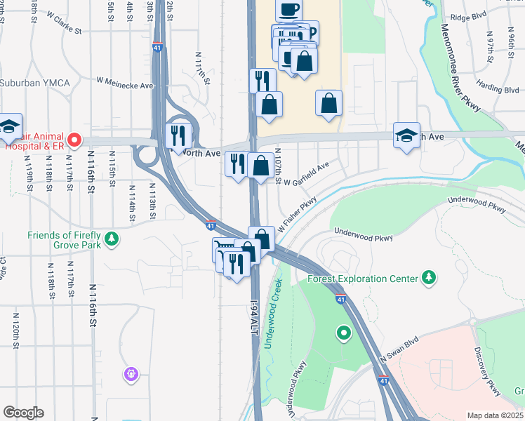 map of restaurants, bars, coffee shops, grocery stores, and more near 2100 North Mayfair Road in Wauwatosa