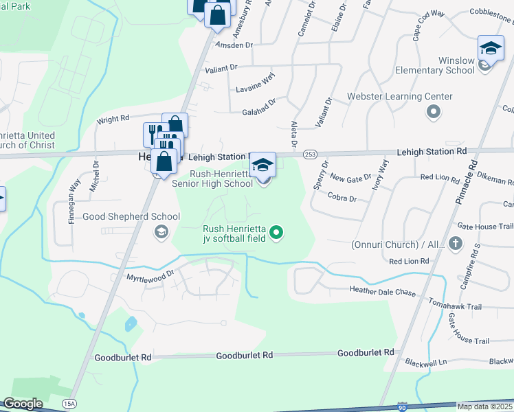 map of restaurants, bars, coffee shops, grocery stores, and more near 1799 Lehigh Station Road in Henrietta