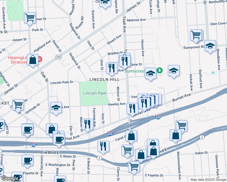 map of restaurants, bars, coffee shops, grocery stores, and more near 107 Craton Street in Syracuse