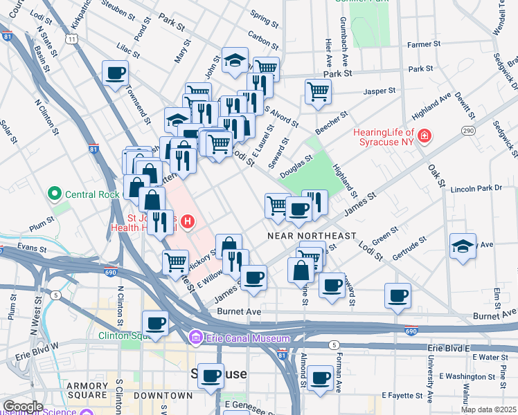 map of restaurants, bars, coffee shops, grocery stores, and more near 609 Catherine Street in Syracuse