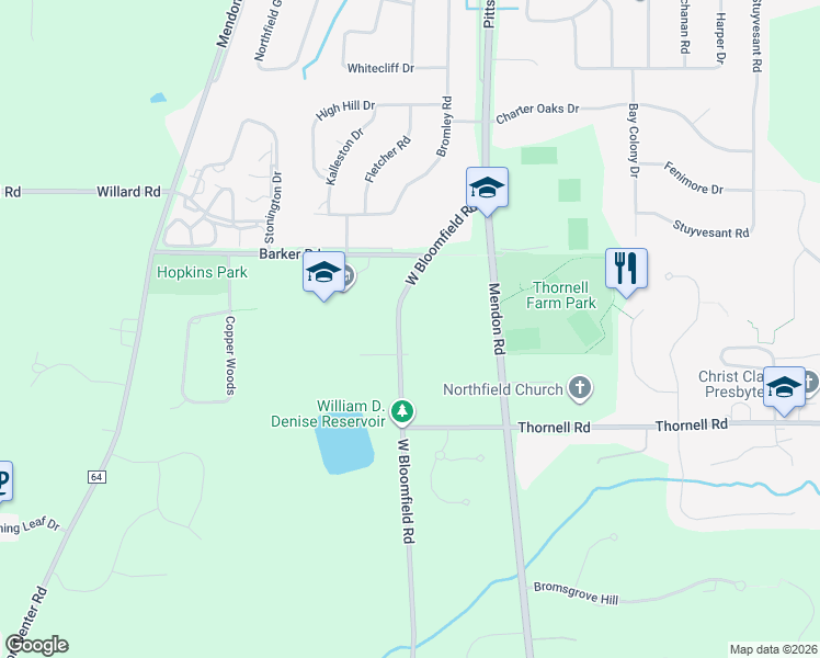 map of restaurants, bars, coffee shops, grocery stores, and more near 68 West Bloomfield Road in Pittsford