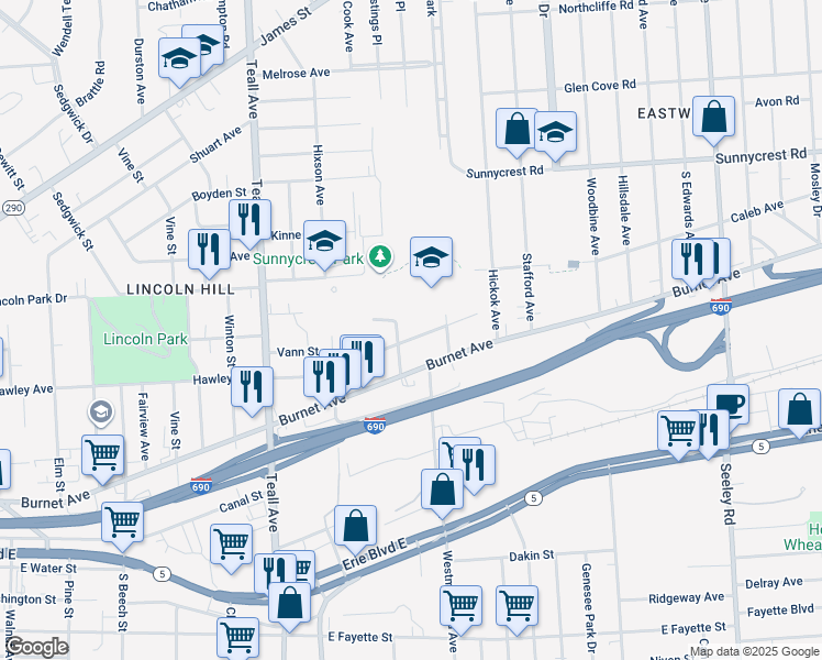 map of restaurants, bars, coffee shops, grocery stores, and more near 327 Vann Street in Syracuse