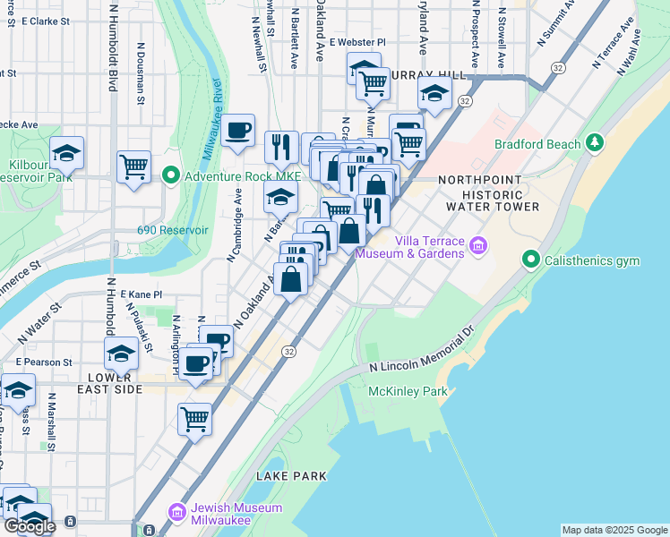 map of restaurants, bars, coffee shops, grocery stores, and more near 2037 North Farwell Avenue in Milwaukee