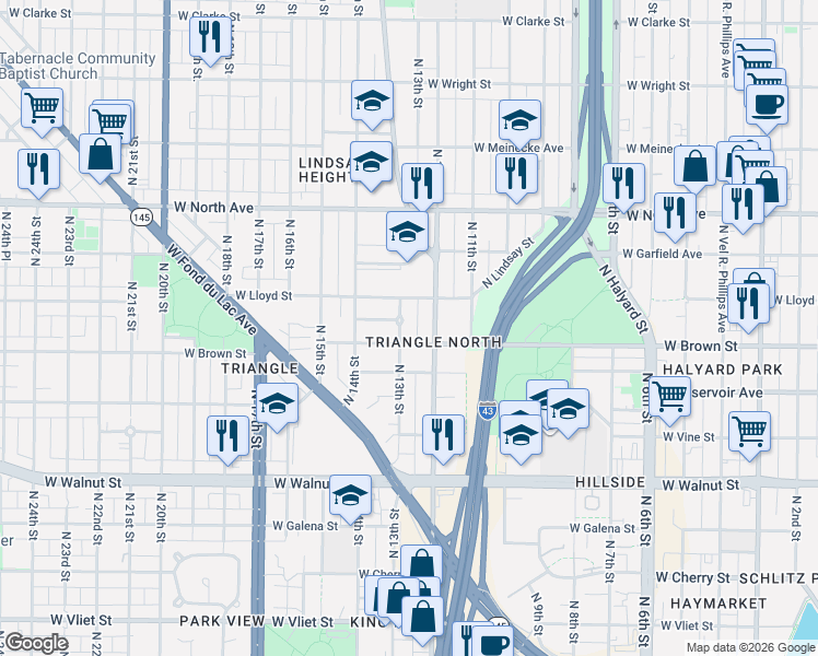 map of restaurants, bars, coffee shops, grocery stores, and more near 1325 West Harmon Street in Milwaukee
