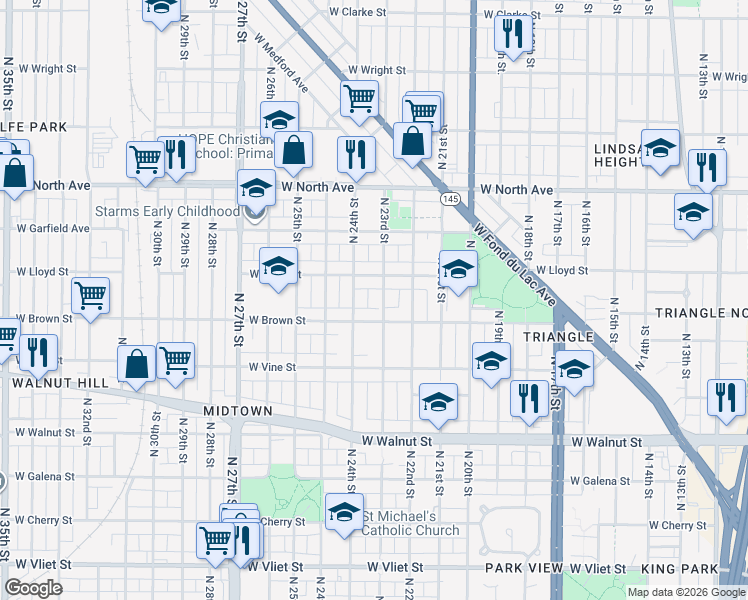 map of restaurants, bars, coffee shops, grocery stores, and more near 2319 West Lloyd Street in Milwaukee