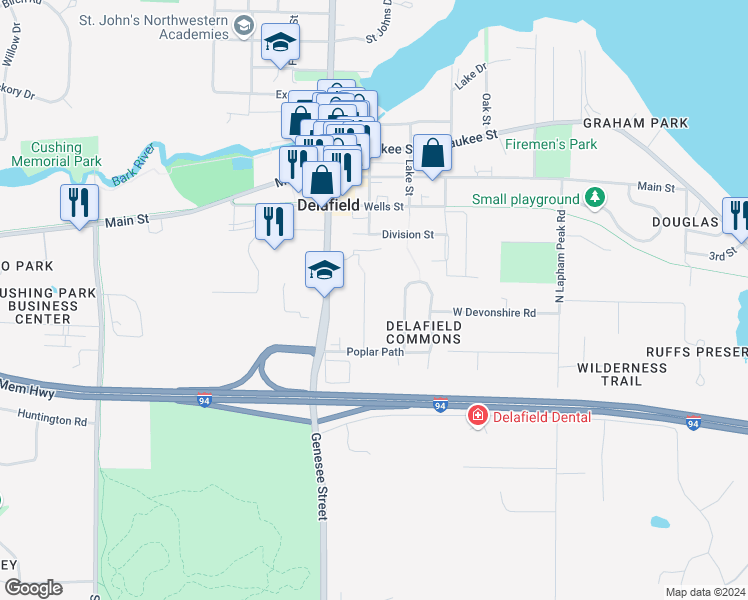 map of restaurants, bars, coffee shops, grocery stores, and more near 390 Oneida in Delafield