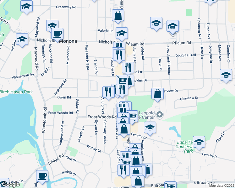 map of restaurants, bars, coffee shops, grocery stores, and more near 101 Owen Road in Monona