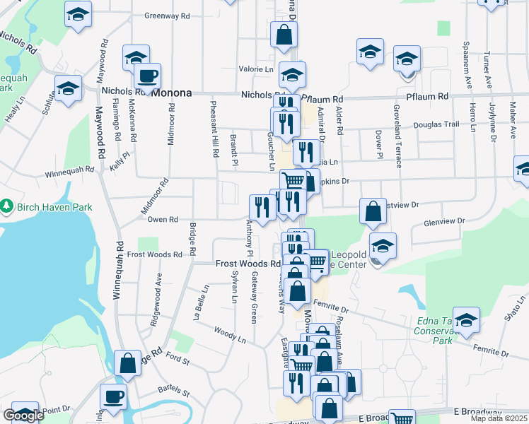 map of restaurants, bars, coffee shops, grocery stores, and more near 211 Owen Road in Monona