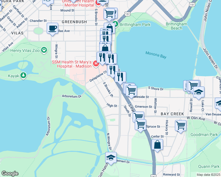 map of restaurants, bars, coffee shops, grocery stores, and more near 909 Haywood Drive in Madison