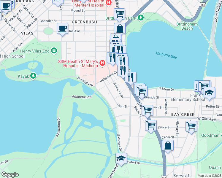 map of restaurants, bars, coffee shops, grocery stores, and more near 906 South Brooks Street in Madison