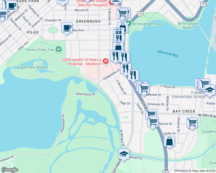 map of restaurants, bars, coffee shops, grocery stores, and more near 838 High Street in Madison