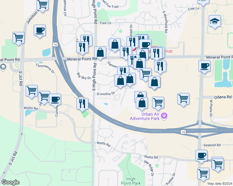 map of restaurants, bars, coffee shops, grocery stores, and more near in Madison