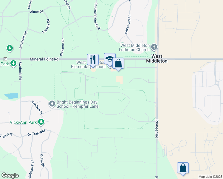 map of restaurants, bars, coffee shops, grocery stores, and more near 7595 West Mineral Point Road in Verona