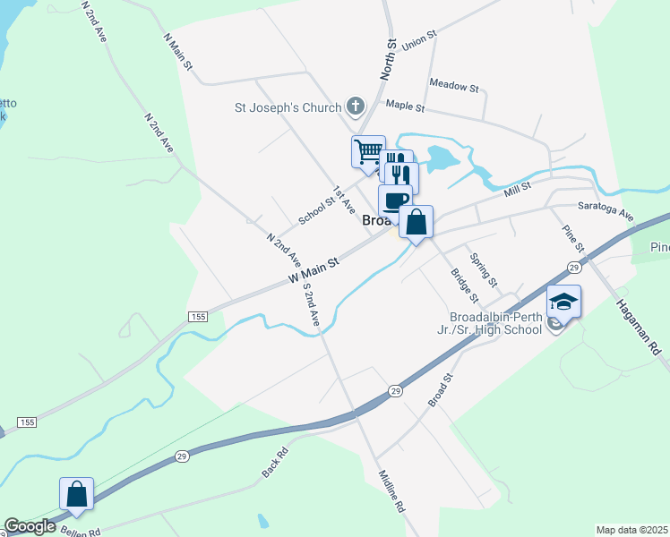 map of restaurants, bars, coffee shops, grocery stores, and more near 59 West Main Street in Broadalbin