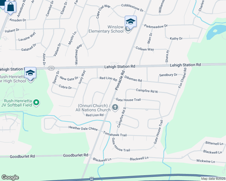map of restaurants, bars, coffee shops, grocery stores, and more near 943 Pinnacle Road in Henrietta