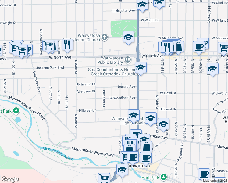 map of restaurants, bars, coffee shops, grocery stores, and more near 2028 Forest Street in Wauwatosa