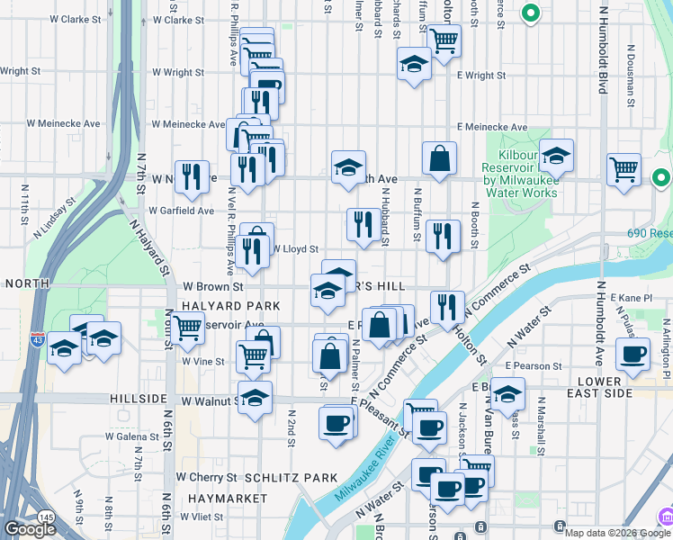 map of restaurants, bars, coffee shops, grocery stores, and more near 117 East Lloyd Street in Milwaukee