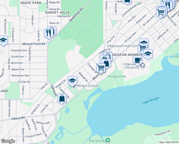 map of restaurants, bars, coffee shops, grocery stores, and more near 621 Pickford Street in Madison
