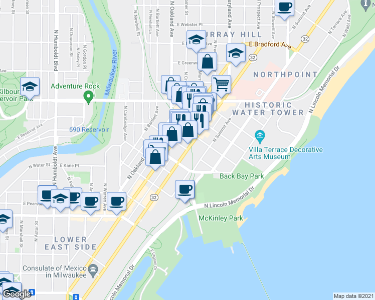 map of restaurants, bars, coffee shops, grocery stores, and more near N Prospect Ave & E Windsor Pl in Milwaukee