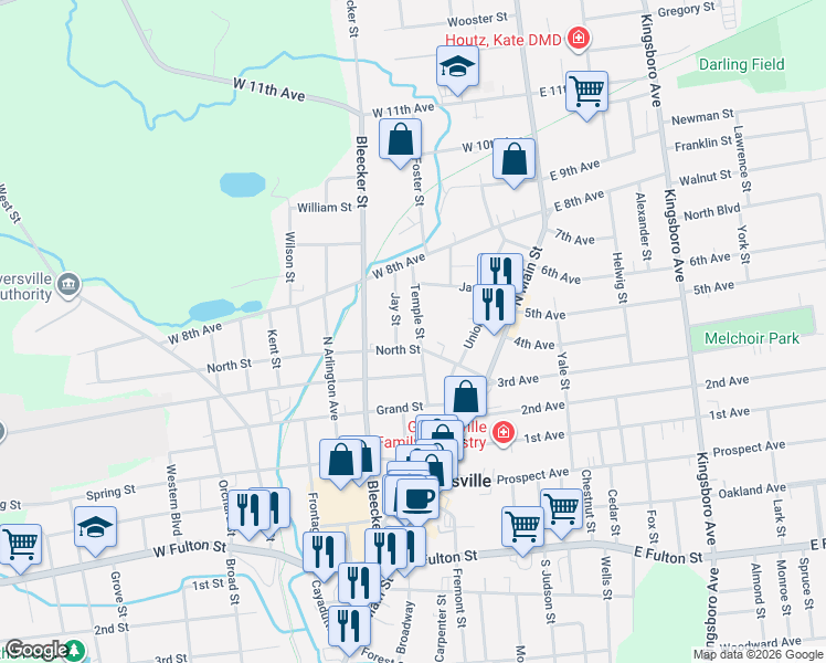 map of restaurants, bars, coffee shops, grocery stores, and more near 46 Temple Street in Gloversville