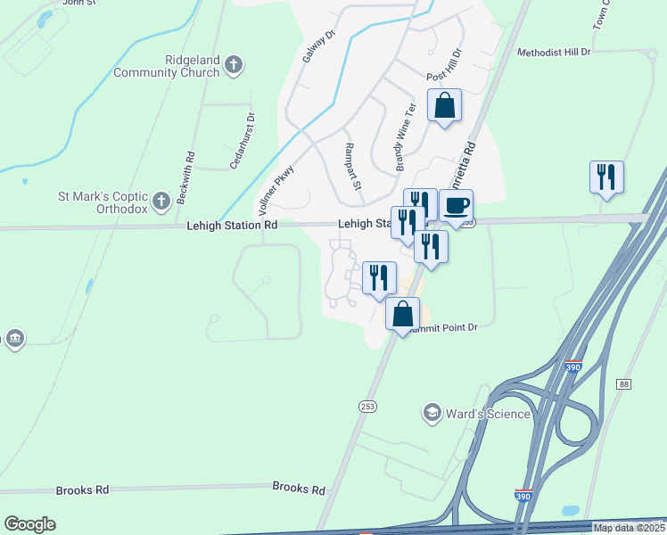 map of restaurants, bars, coffee shops, grocery stores, and more near 129 Bennington Hills Court in West Henrietta