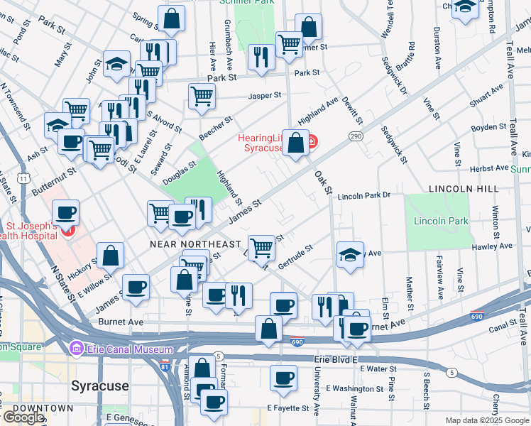map of restaurants, bars, coffee shops, grocery stores, and more near 930 New York 290 in Syracuse