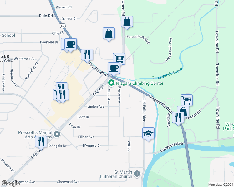 map of restaurants, bars, coffee shops, grocery stores, and more near 1333 Strad Avenue in North Tonawanda