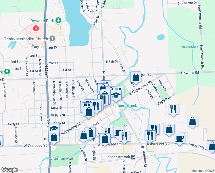 map of restaurants, bars, coffee shops, grocery stores, and more near 20 Mill Street in Lapeer
