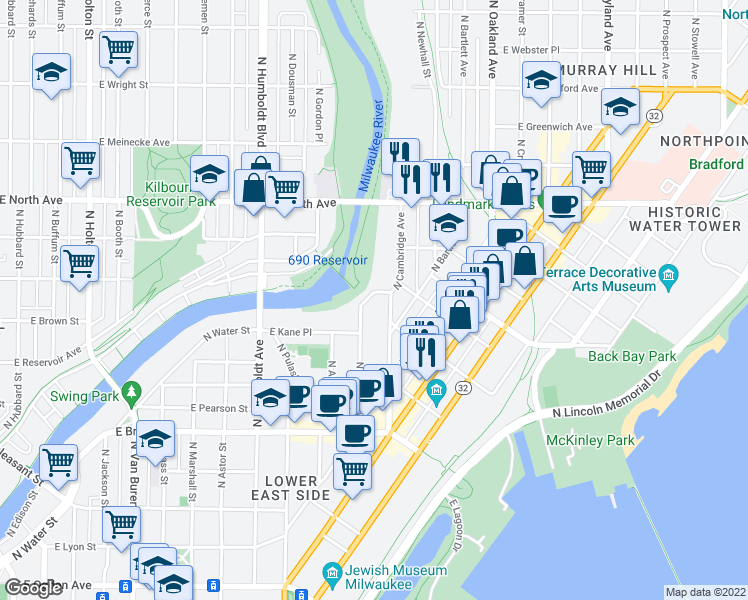map of restaurants, bars, coffee shops, grocery stores, and more near 1430 East Boylston Street in Milwaukee