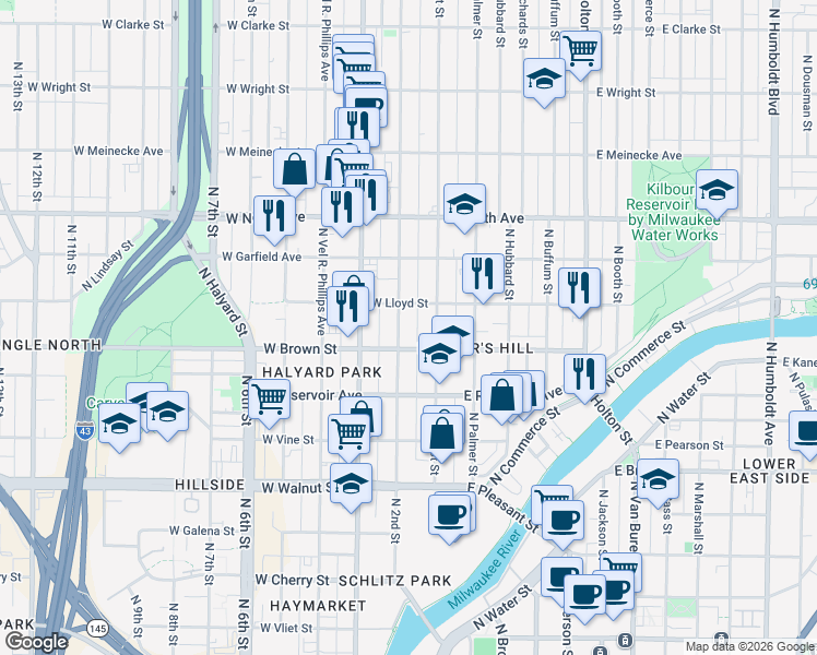 map of restaurants, bars, coffee shops, grocery stores, and more near 2044 North 2nd Street in Milwaukee