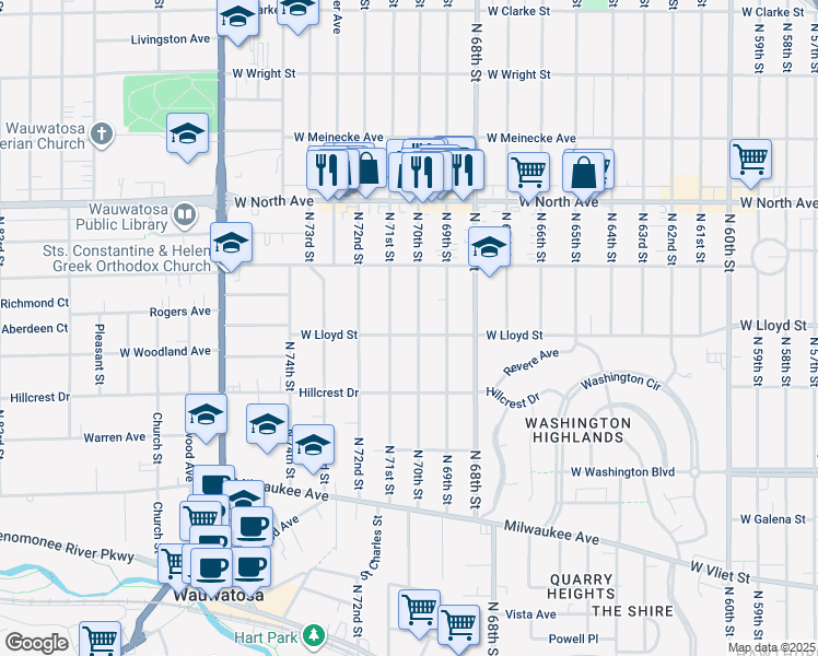 map of restaurants, bars, coffee shops, grocery stores, and more near 2124 North 71st Street in Wauwatosa