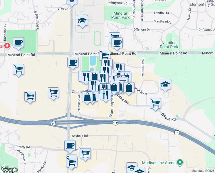 map of restaurants, bars, coffee shops, grocery stores, and more near 6714 Odana Rd in Madison