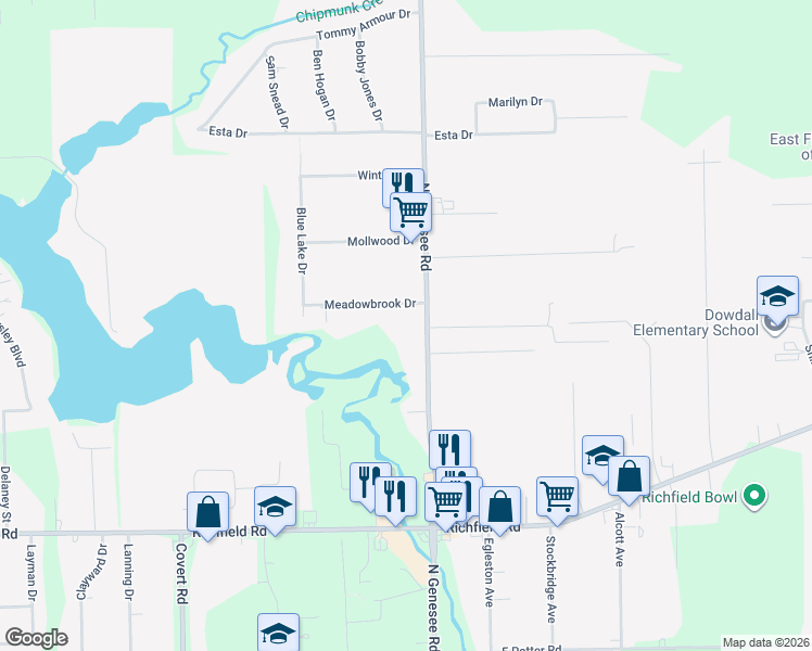 map of restaurants, bars, coffee shops, grocery stores, and more near 4476 Meadowbrook Drive in Flint