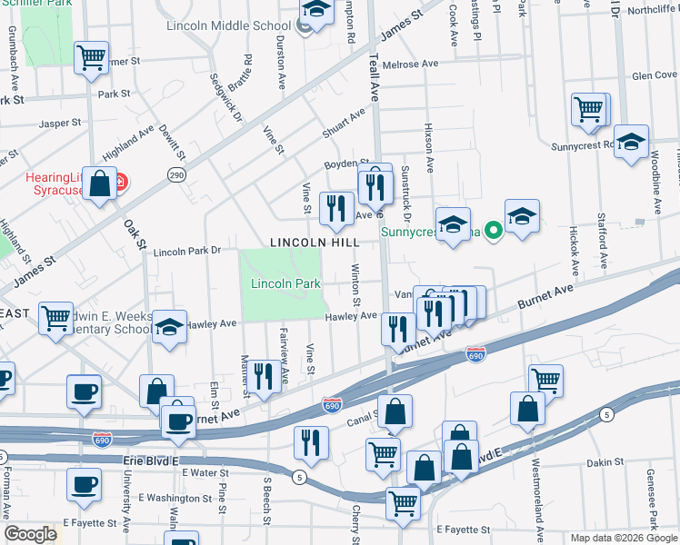map of restaurants, bars, coffee shops, grocery stores, and more near 532 Winton Street in Syracuse