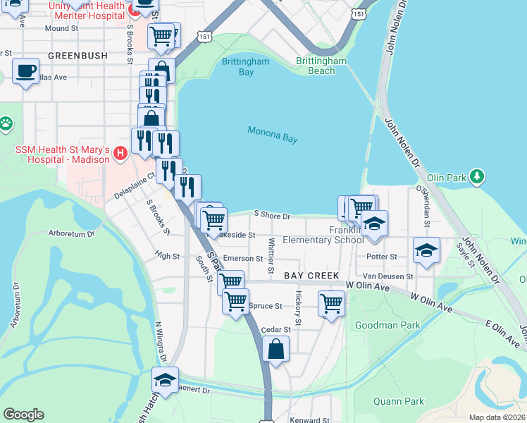 map of restaurants, bars, coffee shops, grocery stores, and more near 710 South Shore Drive in Madison