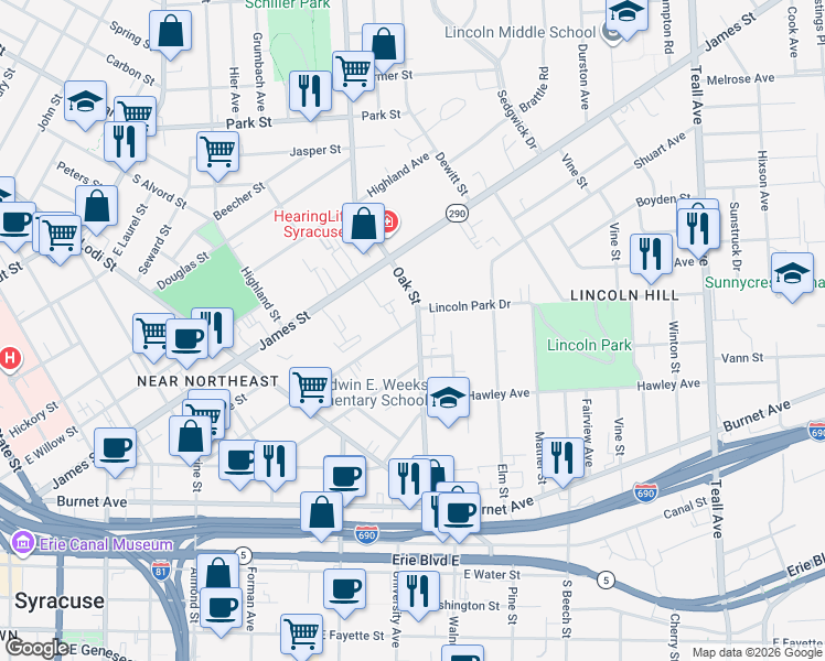 map of restaurants, bars, coffee shops, grocery stores, and more near 365 Green Street in Syracuse