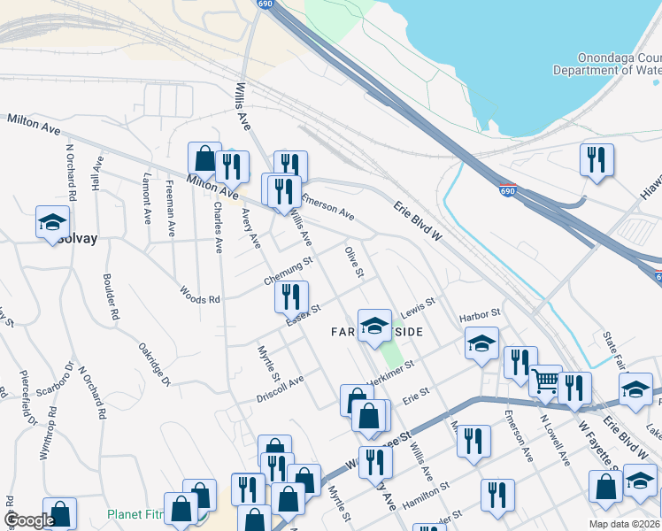 map of restaurants, bars, coffee shops, grocery stores, and more near in Syracuse