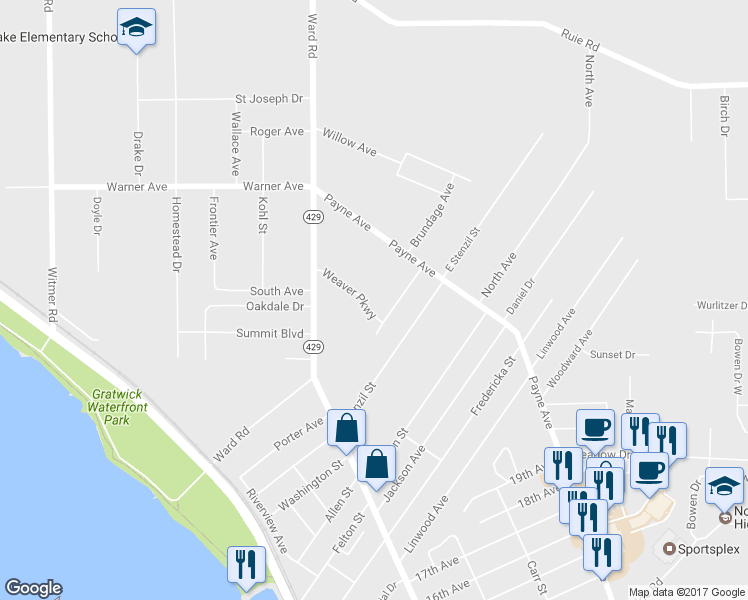 map of restaurants, bars, coffee shops, grocery stores, and more near 1383 Weaver Parkway in North Tonawanda