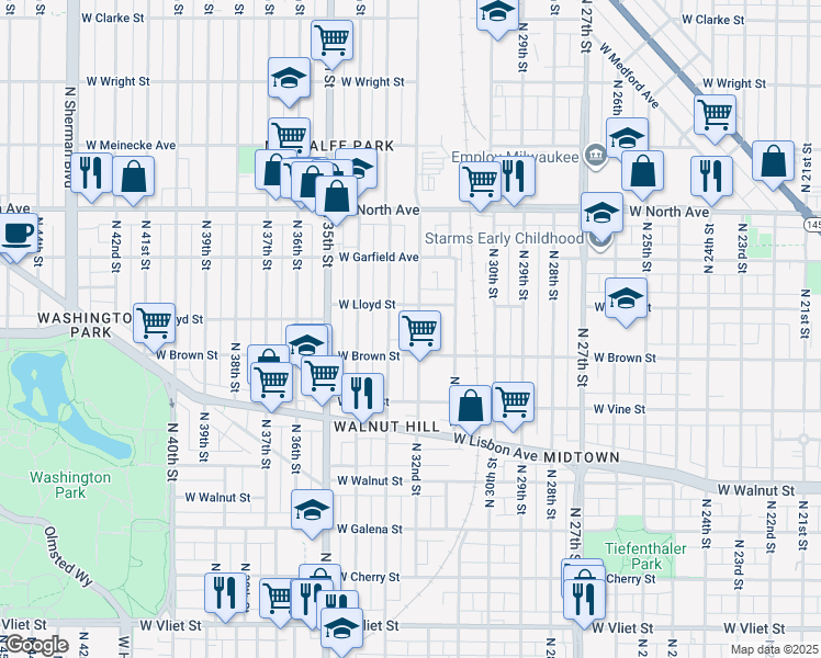 map of restaurants, bars, coffee shops, grocery stores, and more near 2053 North 32nd Street in Milwaukee