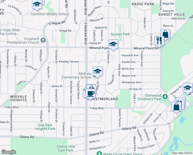 map of restaurants, bars, coffee shops, grocery stores, and more near 502 Caromar Drive in Madison