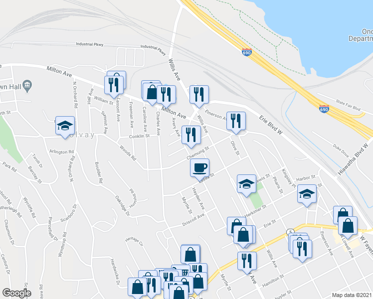 map of restaurants, bars, coffee shops, grocery stores, and more near 1110 Avery Avenue in Syracuse