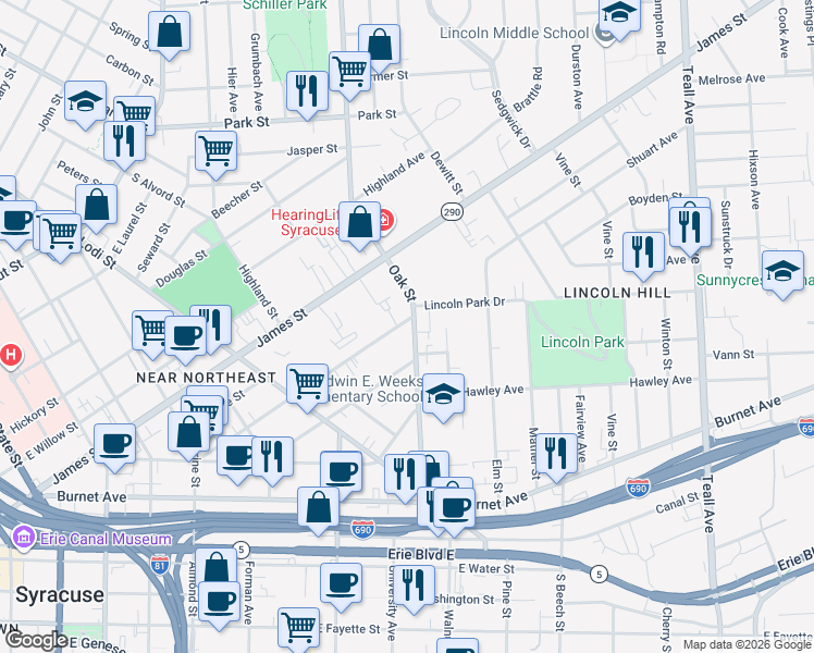 map of restaurants, bars, coffee shops, grocery stores, and more near 365 Green Street in Syracuse