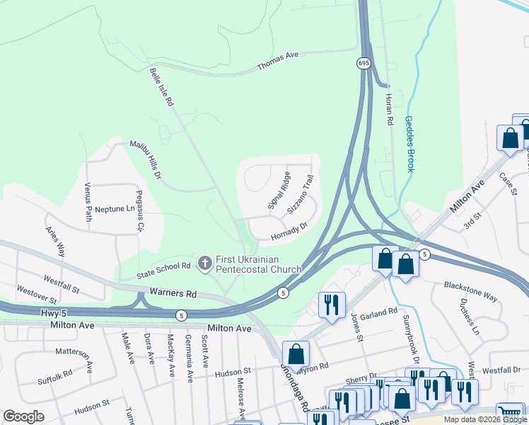 map of restaurants, bars, coffee shops, grocery stores, and more near 105 Signal Ridge in Syracuse